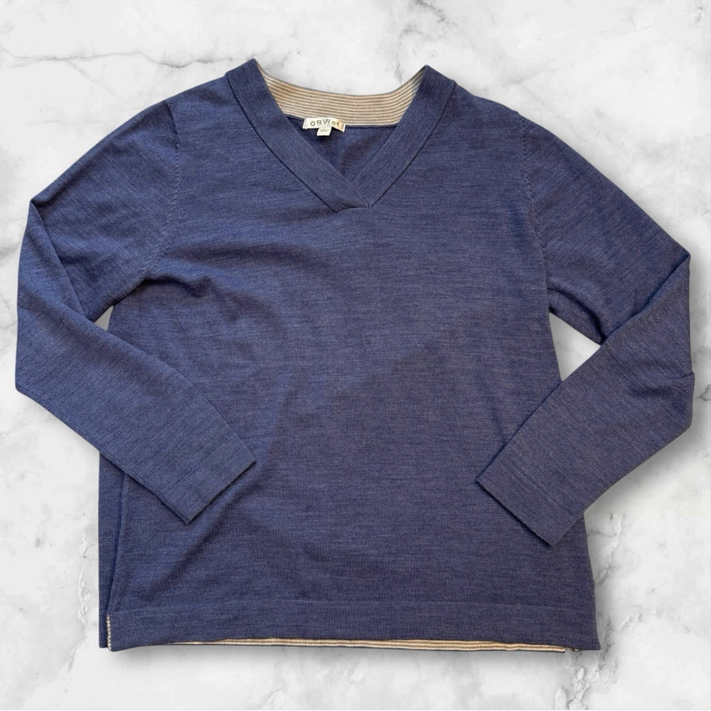 Orvis Men's V Neck Pullover Sweater Blue Large 100% Merino Wool